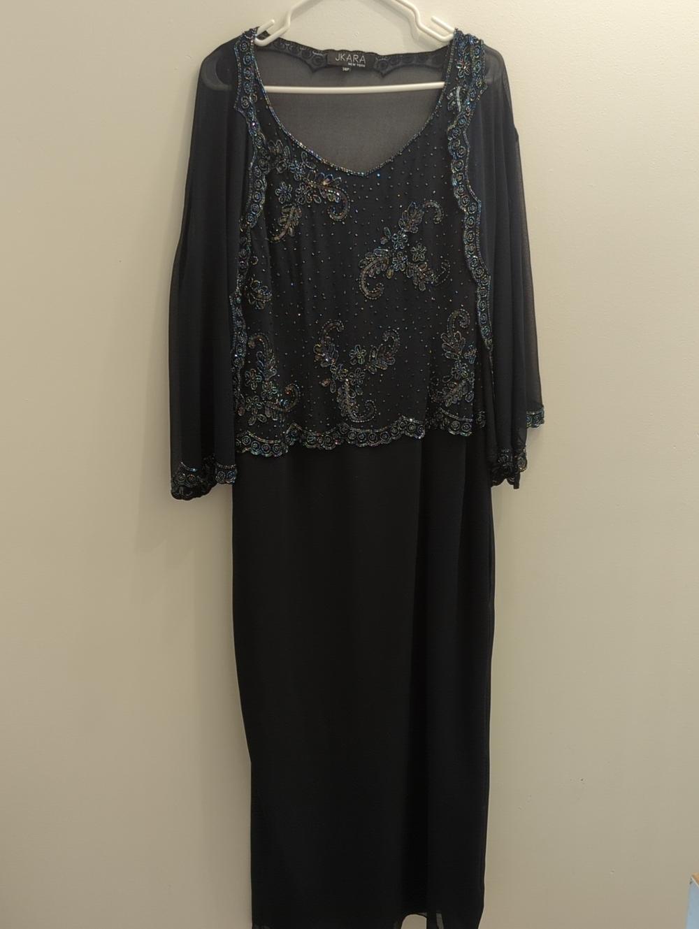 J Kara Navy Beaded Evening Dress with Jacket (Mother of the Groom), US 14P